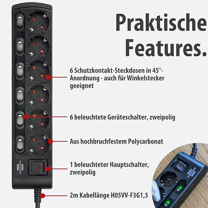 Brennstuhl 6er Steckdosenleiste einzeln schaltbar